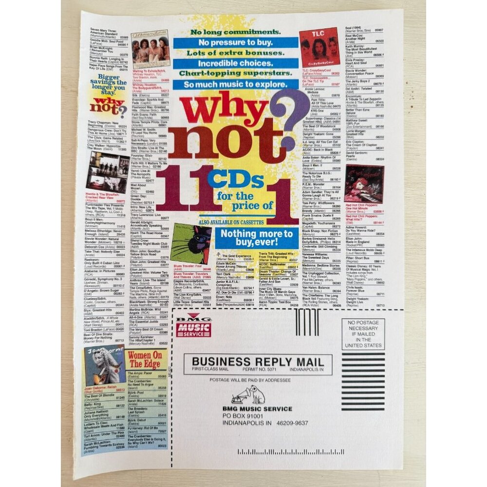 Vintage 1996 BMG Music CDs Mail In Service Rock Pop Advertisement Print Ad